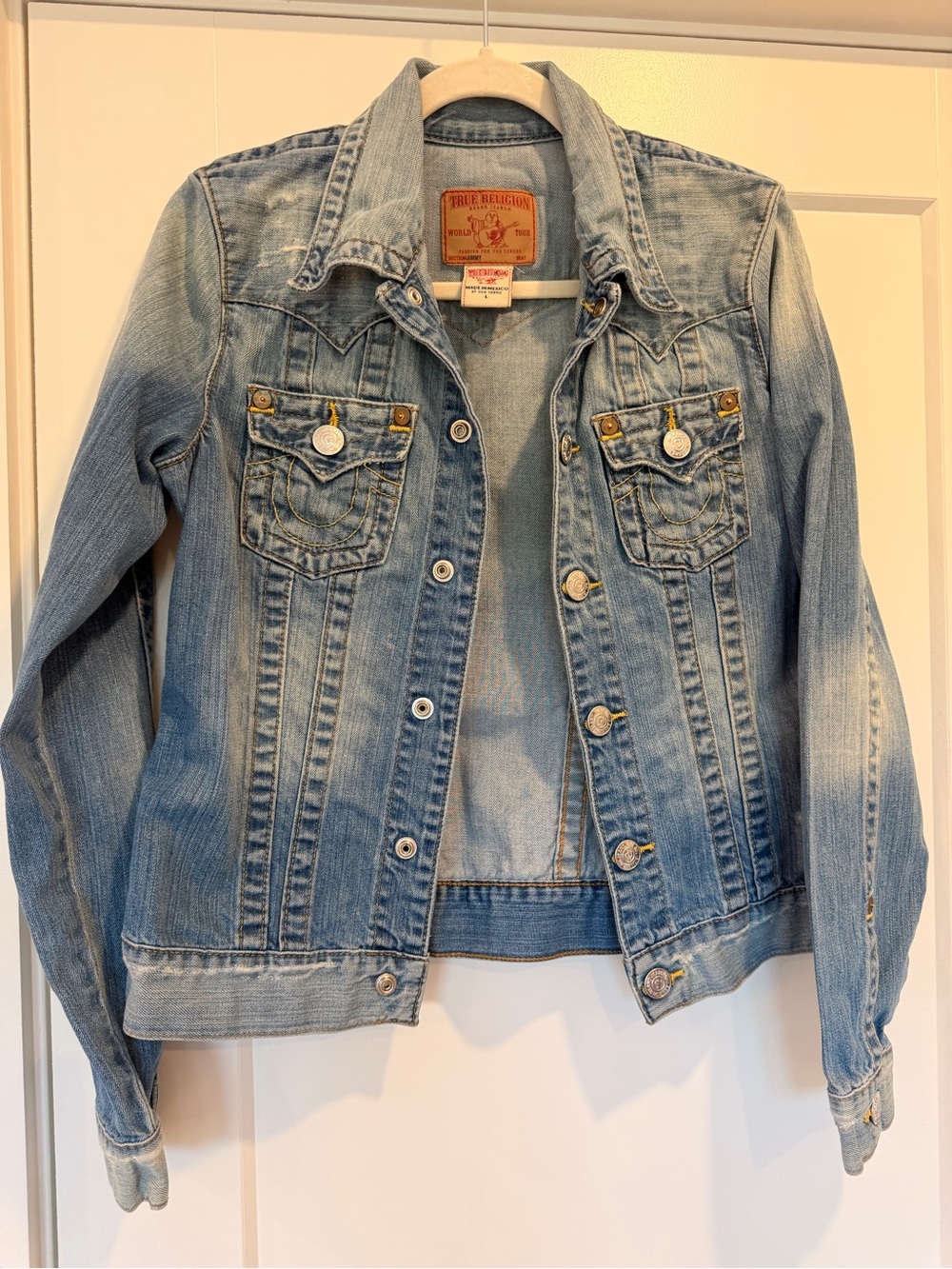 True Religion Jimmy Denim Trucker Jacket Women's Large Light Wash 100% Cotton